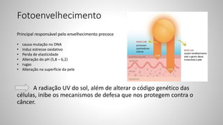 Fotoenvelhecimento
A radiação UV do sol, além de alterar o código genético das
células, inibe os mecanismos de defesa que nos protegem contra o
câncer.
Principal responsável pelo envelhecimento precoce
• causa mutação no DNA
• induz estresse oxidativo
• Perda de elasticidade
• Alteração do pH (5,8 – 6,2)
• rugas
• Alteração na superfície da pele
 