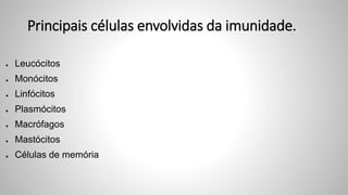 Principais células envolvidas da imunidade.
● Leucócitos
● Monócitos
● Linfócitos
● Plasmócitos
● Macrófagos
● Mastócitos
● Células de memória
 