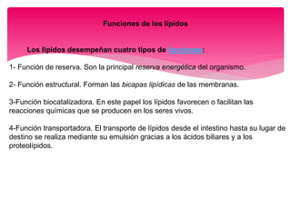 Funciones de los lípidos
Los lípidos desempeñan cuatro tipos de funciones:
1- Función de reserva. Son la principal reserva energética del organismo.
2- Función estructural. Forman las bicapas lipídicas de las membranas.
3-Función biocatalizadora. En este papel los lípidos favorecen o facilitan las
reacciones químicas que se producen en los seres vivos.
4-Función transportadora. El transporte de lípidos desde el intestino hasta su lugar de
destino se realiza mediante su emulsión gracias a los ácidos biliares y a los
proteolípidos.
 