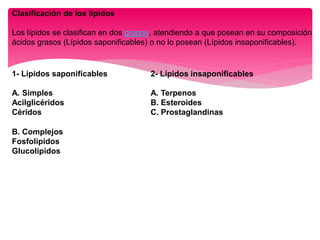 Clasificación de los lípidos
Los lípidos se clasifican en dos grupos, atendiendo a que posean en su composición
ácidos grasos (Lípidos saponificables) o no lo posean (Lípidos insaponificables).
1- Lípidos saponificables
A. Simples
Acilglicéridos
Céridos
B. Complejos
Fosfolípidos
Glucolípidos
2- Lípidos insaponificables
A. Terpenos
B. Esteroides
C. Prostaglandinas
 