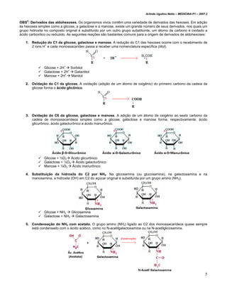 Arlindo Ugulino Netto – MEDICINA P1 – 2007.2


OBS4: Derivados das aldohexoses. Os organismos vivos contêm uma variedade de derivados das hexoses. Em adição
às hexoses simples como a glicose, a galactose e a manose, existe um grande número de seus derivados, nos quais um
grupo hidroxila no composto original é substituído por um outro grupo substituinte, um átomo de carbono é oxidado a
ácido carboxílico ou reduzido. As seguintes reações são bastantes comuns para a origem de derivados de aldohexoses:

   1. Redução do C1 da glicose, galactose e manose. A redução do C1 das hexoses ocorre com o recebimento de
              +
      2 íons H e cada monossacarídeo passa a receber uma nomenclatura específica (titol).




               Glicose + 2H+ Sorbitol
                              +
               Galactose + 2H    Galactitol
                            +
               Manose + 2H      Manitol

   2. Oxidação do C1 da glicose. A oxidação (adição de um átomo de oxigênio) do primeiro carbono da cadeia da
      glicose forma o ácido glicônico.




   3. Oxidação do C6 da glicose, galactose e manose. A adição de um átomo de oxigênio ao sexto carbono da
      cadeia de monossacarídeos simples como a glicose, galactose e manose forma, respectivamente, ácido
      glicurônico, ácido galacturônico e ácido manurônico.




               Glicose + ½O2 Ácido glicurônico
               Galactose + ½O2 Ácido galacturônico
               Manose + ½O2 Ácido manurônico

   4. Substituição da hidroxila do C2 por NH2. Na glicosamina (ou glucosamina), na galactosamina e na
      manosamina, a hidroxila (OH) em C2 do açúcar original é substituída por um grupo amino (NH2).




               Glicose + NH2   Glicosamina
               Galactose + NH2    Galactosamina

   5. Condensação do NH2 com acetato. O grupo amino (NH2) ligado ao C2 dos monossacarídeos quase sempre
      está condensado com o ácido acético, como no N-acetilgalactosamina ou na N-acetilglicosamina.




                                                                                                                       5
 