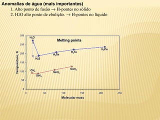 Anomalias de água (mais importantes)
   1. Alto ponto de fusão → H-pontes no sólido
   2. H2O alto ponto de ebulição. → H-pontes no líquido
 
