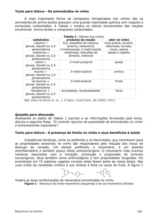 Texto para leitura - Os aminoácidos no vinho

      A mais importante forma de compostos nitrogenados nos vinhos são os
aminoácido.Os amino-ácidos possuem uma grande reatividade química com respeito a
compostos carbonilados. A Tabela 1 mostra os odores provenientes das reações
envolvendo amino-ácidos e compostos carbonilados.

                                        Tabela 1 - Odores nos vinhos
               substratos                 produtos da reação            odor no vinho
                cisteína +             H2S, dissulfeto de carbono,   ovos podres, enxofre,
        glioxal, diacetil ou 2,3-          pirazina, metanotiol,      defumado, torrado,
              pentanodiona           trimetiozazole, 2-metil-tiazole     nozes, pipoca
               metionina +              metanotiol, dissulfeto de      batata e repolho
        glioxal, diacetil ou 2,3-           dimetila, metional
              pentanodiona
                 valina +                    2-metil-propanal               queijo
        glioxal, diacetil ou 2,3-
              pentanodiona
                leucina +                     3-metil-butanal               amílico
        glioxal, diacetil ou 2,3-
              pentanodiona
              iso-leucina +                   2-metil-butanal                frutas
        glioxal, diacetil ou 2,3-
              pentanodiona
             fenilalanina +           benzaldeído, fenilacetaldeído           floral
        glioxal, diacetil ou 2,3-
              pentanodiona
       Ref. Gilles de Revel et. al., J. of Agric. Food Chem. 48 (2000) 3761)




Questão para discussão
Analisando os dados da Tabela 1 (acima) e as informações fornecidas pelo texto,
discuta a seguinte frase: "O controle rigoroso da quantidade de aminoácidos no vinho
é extremamente importante".

Texto para leitura - A presença de fenóis no vinho e seus benefícios à saúde

       Substâncias fenólicas, como os polifenóis e os flavonóides, que contribuem para
as propriedades sensoriais no vinho são responsáveis pela redução dos riscos de
doenças do coração. Um desses polifenóis, o resveratrol, é um potente
antiinflamatório e também possui efeito anticancerígeno. O resveratrol inibe eventos
celulares associados com a iniciação, promoção e progressão de tumores
cancerígenos. Atua também como antimutágeno e tem propriedades fungicidas. Foi
encontrado em 72 espécies vegetais (muitas delas fazem parte da nossa dieta). Nas
uvas tintas da variedade vinifera a sua síntese é feita na casca da fruta. A figura 1




mostra as duas conformações do resveratrol encontradas no vinho.
       Figura 1 - Estrutura do trans-resveratrol (esquerda) e do cis-resveratrol.(direita)




Bioquímica na Cozinha                                                                        109
 