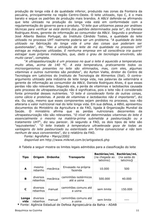 produção de longa vida é de qualidade inferior, produzido nas zonas da fronteira da
pecuária, principalmente na região Centro-Oeste. O leite utilizado, tipo C, é o mais
barato e segue os padrões de produção mais brandos. A ABLV defende-se afirmando
que leite utilizado na produção do longa vida está em conformidade com a
regulamentação do governo para o produto. "O leite que utilizamos passa por análises
técnicas para verificar se está dentro dos padrões determinados pela lei", diz Daniela
Rodrigues Alves, gerente de informação ao consumidor da ABLV. Segundo o professor
José Alberto Bastos Portugal, do Instituto Cândido Tostes, a qualidade do leite
utilizado no processo UHT realmente poderia ser um problema. "A qualidade do leite
utilizado na fabricação do longa vida é uma das coisas que poderiam ser
questionadas", diz. "Mas a utilização de leite de má qualidade no processo UHT
estraga as máquinas utilizadas. E nenhuma empresa em sã consciência iria querer
estragar suas próprias instalações, que, dado o grau de tecnologia envolvido, são
muito caras", completa.
       "A ultrapasteurização é um processo no qual o leite é aquecido a temperaturas
muito altas, acima de 140 ºC. A esta temperatura, praticamente todos os
microorganismos presentes no leite são eliminados, mas, com eles, algumas
vitaminas e outros nutrientes são perdidos", diz Ayrton Vialta, diretor do Centro de
Tecnologia em Laticínios do Instituto de Tecnologia de Alimentos (Ital). O contra-
argumento utilizado pela indústria de leite longa vida, nas palavras da veterinária e
gerente de informação ao consumidor da ABLV, Daniela Rodrigues Alves, é que essas
perdas não são relevantes. Segundo ela, a perda de vitaminas e lactobacilos causada
pelo processo de ultrapasteurização não é significativa, pois o leite não é considerado
fonte primordial desses nutrientes. "O leite é considerado fonte de outras coisas,
como cálcio e proteínas. A perda de vitaminas e lactobacilos não é importante”, diz
ela. Ou seja, mesmo que esses componentes sejam perdidos no processo, isso não
alteraria o valor nutricional real do leite longa vida. Em sua defesa, a ABVL apresentou
documentos do Ministério da Agricultura e da FAO, ligada à Organização Mundial da
Saúde. O ministério afirma que as perdas nutricionais decorrentes da
ultrapasteurização não são relevantes. "O nível de determinadas vitaminas do leite é
essencialmente o mesmo na matéria-prima submetida a pasteurização ou a
tratamento UHT", diz seu parecer. Já segundo a FAO, os dois tipos de leite são
"equivalentes". "O leite tratado à temperatura ultraelevada goza de todas as
vantagens do leite pasteurizado ou esterilizado em forma convencional e não tem
nenhum de seus convenientes", diz o relatório da FAO.
       Fonte: Agrofolha - Março/2002
       disponível em http://www.milknet.com.br/artigostec6.php

   A Tabela a seguir mostra os limites legais admitidos para a classificação do leite

                                                           Bactérias/mL Bactérias/mL
     Tipo     Origem     Ordenha        Transporte         (na chegada ao (na saída do
                                                              laticínio)    laticínio)

               mesmo                 Envasado na própria
       A                 mecânica                             10.000          500
              rebanho                     fazenda

              diversos          caminhões isotérmicos
       B               mecânica                               500.000       40.000
             rebanhos                até a usina

              diversos              caminhões comuns até
       C                 manual                              sem limite     150.000
             rebanhos                      a usina

    Longa     diversos              caminhões comuns até
                         manual                              sem limite       ----
     vida    rebanhos                      a usina
 * Fonte: Agência Estadual de Defesa Agropecuária da Bahia - ADAB
Bioquímica na Cozinha                                                                   11
 