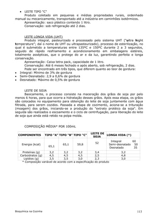  LEITE TIPO "C"
     Produto coletado em pequenas e médias propriedades rurais, ordenhado
manual ou mecanicamente, transportado até a indústria em caminhões isotérmicos.
     Apresentação: saco plástico contendo 1 litro.
     Conservação: sob refrigeração até 2 dias.


      LEITE LONGA VIDA (UHT)
      Produto integral, pasteurizado e processado pelo sistema UHT (“ultra hight
temperature”; daí o nome de UHT ou ultrapasteurizado), processo de esterilização, no
qual é submetido a temperaturas entre 135ºC e 150ºC durante 2 a 3 segundos,
seguido de rápido resfriamento e acondicionamento em embalagens estéreis,
totalmente assépticas, que o protege do ar e da luz, garantindo perfeita e longa
conservação.
      Apresentação: Caixa tetra pack, capacidade de 1 litro.
      Conservação: Até 6 meses fechado e após aberto, sob refrigeração, 2 dias.
      Pode ser encontrado em três tipos, que diferem quanto ao teor de gordura:
 Integral: Mínimo de 3% de gordura
 Semi-Desnatado: 2,9 a 0,6% de gordura
 Desnatado: Máximo de 0,5% de gordura


        LEITE DE SOJA
        Basicamente, o processo consiste na maceração dos grãos de soja por pelo
menos 6 horas, para que ocorra a hidratação desses grãos. Após essa etapa, os grãos
são colocados no equipamento para obtenção do leite de soja juntamente com água
filtrada, para serem cozidos. Passada a etapa de cozimento, aciona-se a trituração
(moagem) dos grãos, iniciando-se a produção do "extrato protéico da soja". Em
seguida são realizados o escoamento e o ciclo de centrifugação, para liberação do leite
de soja que ainda está retido na polpa moída.


        COMPOSIÇÃO MÉDIA* POR 100mL

                                                     LEITE DE
  COMPONENTES           TIPO "A" TIPO "B" TIPO "C"            LONGA VIDA (*)
                                                      SOJA
                                                                    Integral     60
                                                          52
       Energia (kcal)              65,1     59,8                   Semi-desnatado 50
                          65,1                                     Desnatado      35
    Proteínas (g)      3,2       3,2       3,2            3,4             3,2
   Carboidratos (g)    4,5       4,5       4,5            2,5             4,8
     Lipídios (g)      3,5       3,5       3,0            2,3             3,0
    * Composição variável de acordo com a especificação   do produto




Bioquímica na Cozinha                                                              113
 