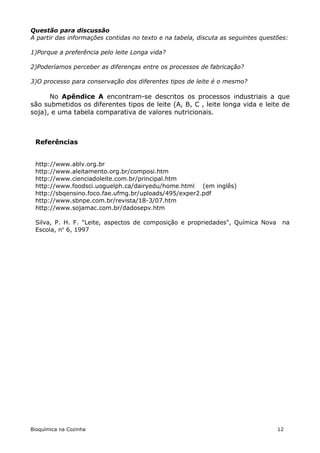 Questão para discussão
A partir das informações contidas no texto e na tabela, discuta as seguintes questões:

1)Porque a preferência pelo leite Longa vida?

2)Poderíamos perceber as diferenças entre os processos de fabricação?

3)O processo para conservação dos diferentes tipos de leite é o mesmo?

      No Apêndice A encontram-se descritos os processos industriais a que
são submetidos os diferentes tipos de leite (A, B, C , leite longa vida e leite de
soja), e uma tabela comparativa de valores nutricionais.



 Referências


 http://www.ablv.org.br
 http://www.aleitamento.org.br/composi.htm
 http://www.cienciadoleite.com.br/principal.htm
 http://www.foodsci.uoguelph.ca/dairyedu/home.html (em inglês)
 http://sbqensino.foco.fae.ufmg.br/uploads/495/exper2.pdf
 http://www.sbnpe.com.br/revista/18-3/07.htm
 http://www.sojamac.com.br/dadosepv.htm

 Silva, P. H. F. "Leite, aspectos de composição e propriedades", Química Nova      na
 Escola, no 6, 1997




Bioquímica na Cozinha                                                             12
 