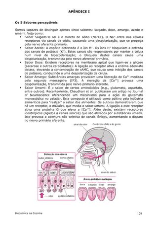 APÊNDICE I


Os 5 Sabores perceptíveis

Somos capazes de distinguir apenas cinco sabores: salgado, doce, amargo, azedo e
umami. Veja como:
   Sabor Salgado:O sal é o cloreto de sódio (Na+Cl-). O Na+ entra nas células
     receptoras via canais de sódio, causando uma despolarização, que se propaga
     pelo nervo aferente primário.
   Sabor Azedo: A espécie detectada é o íon H+. Os íons H+ bloqueiam a entrada
     dos canais de potássio (K+). Estes canais são responsáveis por manter a célula
     num nível de hiperpolarização; o bloqueio destes canais causa uma
     despolarização, transmitida pelo nervo aferente primário.
   Sabor Doce: Existem receptores na membrana apical que ligam-se a glicose
     (sacarose e outros carboidratos). A ligação ao receptor ativa a enzima adenilato
     ciclase, elevando a concentração de cAMC, que causa uma inibição dos canais
     de potássio, conduzindo a uma despolarização da célula.
   Sabor Amargo: Substâncias amargas provocam uma liberação de Ca2+ mediada
     pelo segundo mensageiro (IP3). A elevação da [Ca2+] provoca uma
     despolarização, transmitida pelo nervo primário aferente.
   Sabor Umami: É o sabor de certos aminoácidos (e.g., glutamato, aspartato,
     entre outros). Recentemente, Chaudhari et al. publicaram um artigo no Journal
     of Neuroscience oferencendo um mecanismo para a ação do glutamato
     monossódico no paladar. Este composto é utilizado como aditivo pela indústria
     alimentícia para "realçar" o sabor dos alimentos. Os autores demonstraram que
     há um receptor, o mGluR4, que media o sabor umami. A ligação a este receptor
     ativa uma proteína G que eleva a [Ca2+]. Além deste, existem receptores
     ionotrópicos (ligados a canais iônicos) que são ativados por substâncias umami.
     Isto provoca a abertura não seletiva de canais iônicos, aumentando o disparo
     no nervo primário aferente.




Bioquímica na Cozinha                                                            129
 