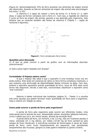 (Figura 6). Aproximadamente 15% do ferro presente nos alimentos de origem animal
são absorvidos. Quando se fala em alimentos de origem não animal esta porcentagem
fica entre 1 a 5%.
         A vitamina C é capaz de reduzir o ferro da forma 3+ à forma 2+ e, além
disso, é capaz de formar complexo com o ferro 2+. Com isso, a ingestão de vitamina
C junto ao ferro de origem não animal, garante a sua absorção pelo organismo. Vale
lembrar que as verduras também são fontes de vitamina C (Tabela 1 – seção de
Verduras e legumes).

                               H 2C       CH                        CH 3


                        H 3C                                                CH    CH2
                                                  N         N
                                                                                        C om pl H em e
                                                                                               exo
                                                       2+
                                                      Fe
                                                  N         N
                        H 3C                                                CH3


                                          CH2                       CH 2
                                          CH2                       CH 2
                                          C                         C
                                  -   O       O             -   O       O


                        Figura 6 - Ferro complexado (ferro heme)

Questões para discussão
1) O que se pode concluir a partir do gráfico com as informações descritas
anteriormente?

2) Vale a pena ingerir feijoada com laranja?



Curiosidade: O Popeye estava certo?
        O que o Popeye não sabia é que o espinafre é uma hortaliça muito rica em
ácido oxálico. Este ácido em presença de cálcio ou ferro forma complexos insolúveis, o
que ocasiona uma diminuição da disponibilidade destes minerais na dieta. Com isso,
embora o espinafre apresente grande quantidade de ferro, cerca de 95% está numa
forma não disponível. Devido a este fato, nutricionistas classificam o espinafre como
“anti-nutriente”.


        Retorne à tabela nutricional das hortaliças (página 51 - Tabela 1) e escolha
três entre aquelas que podem fornecer maior quantidade em ferro para o organismo.
Faça o mesmo em relação ao cálcio.


Como pode ocorrer a perda de ferro pelo organismo?

        A perda de ferro pelo organismo pode ocorrer por diferentes modos. Uma
certa perda ocorre através do suor, descamação celular, leucócitos (glóbulos brancos),
urina e cabelo que cai e, em menor escala, através da excreção fecal.
        A perda diária de ferro, em homens, é de 1,0 mg, mas em mulheres adultas é
maior, estimada em 2 mg diários, em média (14-28 mg de ferro perdem-se pelo
sangue do fluxo menstrual). A ocorrência eventual de hemorragias é causa de maior
perda de ferro, como muito freqüentemente em pequenos, mas persistentes
sangramentos das mucosas, gengiva ou trato gastro-intestinal ou genito-urinário.
Bioquímica na Cozinha                                                                                    60
 
