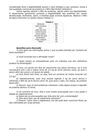 consideração tanto a digestibilidade quanto o valor biológico e que, portanto, revela a
real qualidade nutricional da proteína é o NPU (Net Protein Utilization).
        Certos agentes alteram o NPU de proteínas, agindo sobre sua digestibilidade.
O aquecimento geralmente aumenta a digestibilidade das proteínas por causar
desnaturação, facilitando, assim, a hidrólise pelas enzimas digestivas. Observe o NPU
de alguns alimentos no quadro abaixo (Tabela 7):

                                           Tabela 7
                               Alimento             NPU
                             Leite humano            95
                                  Ovo                90
                             Leite de vaca           81
                             Carne bovina            70
                              Arroz polido           60
                            Farinha de soja          58
                              Amendoim               50
                             Trigo integral          45
                                 Milho               40



        Questões para discussão
        1) Com base nas informações acima, o que se pode entender por “proteína de
baixa qualidade”?

         2) Você concorda com a afirmação inicial?

        3) Quais seriam as conseqüências para um indivíduo que tem deficiência
protéica na alimentação?

        4) Joca, um garoto em fase de crescimento que adora churrasco, vai à uma
churrascaria com o pai e ingere cerca de 2,5 kg de carne (bovina, suína, de aves e
peixe) além dos sucos e um pouco de salada.
        a) Joca ficará mais forte, ou seja, terá um aumento de massa muscular em
2,5 kg?
        b) Hipoteticamente, caso Joca tivesse ingerido 2 kg de carne bovina e
admitindo o NPU da carne bovina como 70, qual seria o valor, em massa, de proteína
absorvida?
        c) Discutir: Joca só terá problemas intestinais 3 dias depois porque a digestão
de proteína demora 72 horas.

         5) Ao contrário de Joca, Júlia é uma mulher preocupada com a sua saúde e
adepta ao vegetarianismo.
         a) Quais são as preocupações que Júlia deve ter com a alimentação?
         b) Júlia deve fazer uso de suplemento alimentar?
         c) Discutir: Como Júlia é vegetariana, ela não pode fazer exercícios físicos de
alta intensidade por longo período.




Bioquímica na Cozinha                                                               63
 