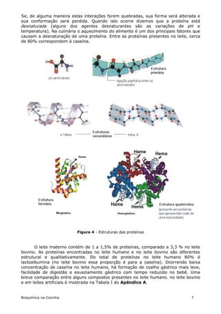 Se, de alguma maneira estas interações forem quebradas, sua forma será alterada e
sua conformação será perdida. Quando isto ocorre dizemos que a proteína está
desnaturada (alguns dos agentes desnaturantes são as variações de pH e
temperatura). Na culinária o aquecimento do alimento é um dos principais fatores que
causam a desnaturação de uma proteína. Entre as proteínas presentes no leite, cerca
de 80% correspondem à caseína.




                          Figura 4 - Estruturas das proteínas



        O leite materno contém de 1 a 1,5% de proteínas, comparado a 3,3 % no leite
bovino. As proteínas encontradas no leite humano e no leite bovino são diferentes
estrutural e qualitativamente. Do total de proteínas no leite humano 80% é
lactoalbumina (no leite bovino essa proporção é para a caseína). Ocorrendo baixa
concentração de caseína no leite humano, há formação de coalho gástrico mais leve,
facilidade de digestão e esvaziamento gástrico com tempo reduzido no bebê. Uma
breve comparação entre alguns compostos presentes no leite humano. no leite bovino
e em leites artificiais é mostrada na Tabela I do Apêndice A.


Bioquímica na Cozinha                                                          7
 