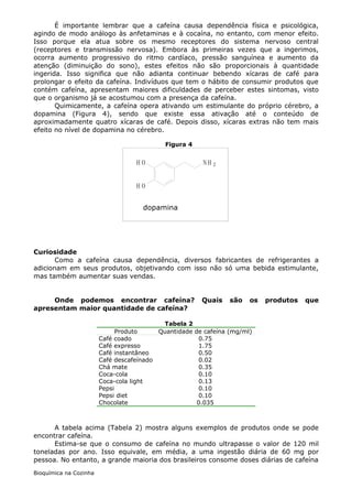 É importante lembrar que a cafeína causa dependência física e psicológica,
agindo de modo análogo às anfetaminas e à cocaína, no entanto, com menor efeito.
Isso porque ela atua sobre os mesmo receptores do sistema nervoso central
(receptores e transmissão nervosa). Embora às primeiras vezes que a ingerimos,
ocorra aumento progressivo do ritmo cardíaco, pressão sanguínea e aumento da
atenção (diminuição do sono), estes efeitos não são proporcionais à quantidade
ingerida. Isso significa que não adianta continuar bebendo xícaras de café para
prolongar o efeito da cafeína. Indivíduos que tem o hábito de consumir produtos que
contém cafeína, apresentam maiores dificuldades de perceber estes sintomas, visto
que o organismo já se acostumou com a presença da cafeína.
       Quimicamente, a cafeína opera ativando um estimulante do próprio cérebro, a
dopamina (Figura 4), sendo que existe essa ativação até o conteúdo de
aproximadamente quatro xícaras de café. Depois disso, xícaras extras não tem mais
efeito no nível de dopamina no cérebro.

                                            Figura 4


                                   HO                  NH 2


                                   HO


                                     dopamina




Curiosidade
       Como a cafeína causa dependência, diversos fabricantes de refrigerantes a
adicionam em seus produtos, objetivando com isso não só uma bebida estimulante,
mas também aumentar suas vendas.


     Onde podemos encontrar cafeína?                   Quais    são   os   produtos   que
apresentam maior quantidade de cafeína?

                                           Tabela 2
                              Produto     Quantidade de cafeína (mg/ml)
                        Café coado                     0.75
                        Café expresso                  1.75
                        Café instantâneo               0.50
                        Café descafeínado              0.02
                        Chá mate                       0.35
                        Coca-cola                      0.10
                        Coca-cola light                0.13
                        Pepsi                          0.10
                        Pepsi diet                     0.10
                        Chocolate                     0.035



      A tabela acima (Tabela 2) mostra alguns exemplos de produtos onde se pode
encontrar cafeína.
      Estima-se que o consumo de cafeína no mundo ultrapasse o valor de 120 mil
toneladas por ano. Isso equivale, em média, a uma ingestão diária de 60 mg por
pessoa. No entanto, a grande maioria dos brasileiros consome doses diárias de cafeína
Bioquímica na Cozinha
 