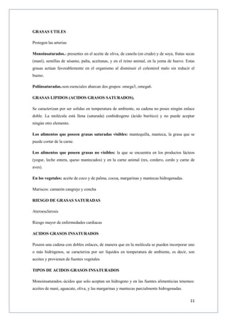 11
GRASAS UTILES
Protegen las arterias
Monoinsaturados.- presentes en el aceite de oliva, de canola (en crudo) y de soya, frutas secas
(maní), semillas de sésamo, palta, aceitunas, y en el reino animal, en la yema de huevo. Estas
grasas actúan favorablemente en el organismo al disminuir el colesterol malo sin reducir el
bueno.
Poliinsaturadas.-son esenciales abarcan dos grupos: omega3, omega6.
GRASAS LIPIDOS (ACIDOS GRASOS SATURADOS).
Se caracterizan por ser solidas en temperatura de ambiente, su cadena no posee ningún enlace
doble. La molécula está llena (saturada) conhidrogeno (ácido buritico) y no puede aceptar
ningún otro elemento.
Los alimentos que poseen grasas saturadas visibles: mantequilla, manteca, la grasa que se
puede cortar de la carne.
Los alimentos que poseen grasas no visibles: la que se encuentra en los productos lácteos
(yogur, leche entera, queso mantecados) y en la carne animal (res, cordero, cerdo y carne de
aves).
En los vegetales: aceite de coco y de palma, cocoa, margarinas y mantecas hidrogenadas.
Mariscos: camarón cangrejo y concha
RIESGO DE GRASAS SATURADAS
Ateroesclerosis
Riesgo mayor de enfermedades cardiacas
ACIDOS GRASOS INSATURADOS
Poseen una cadena con dobles enlaces, de manera que en la molécula se pueden incorporar uno
o más hidrógenos, se caracteriza por ser líquidos en temperatura de ambiente, es decir, son
aceites y provienen de fuentes vegetales
TIPOS DE ACIDOS GRASOS INSATURADOS
Monoinsaturados.-ácidos que solo aceptan un hidrogeno y en las fuentes alimenticias tenemos:
aceites de maní, aguacate, oliva, y las margarinas y mantecas parcialmente hidrogenadas.
 