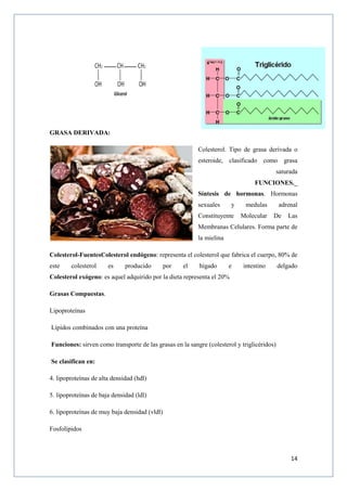 14
GRASA DERIVADA:
Colesterol. Tipo de grasa derivada o
esteroide, clasificado como grasa
saturada
FUNCIONES._
Síntesis de hormonas. Hormonas
sexuales y medulas adrenal
Constituyente Molecular De Las
Membranas Celulares. Forma parte de
la mielina
Colesterol-FuentesColesterol endógeno: representa el colesterol que fabrica el cuerpo, 80% de
este colesterol es producido por el hígado e intestino delgado
Colesterol exógeno: es aquel adquirido por la dieta representa el 20%
Grasas Compuestas.
Lipoproteínas
Lípidos combinados con una proteína
Funciones: sirven como transporte de las grasas en la sangre (colesterol y triglicéridos)
Se clasifican en:
4. lipoproteínas de alta densidad (hdl)
5. lipoproteínas de baja densidad (ldl)
6. lipoproteínas de muy baja densidad (vldl)
Fosfolípidos
 