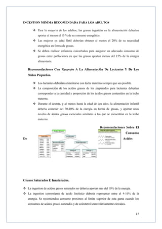 17
INGESTION MINIMA RECOMENDADA PARA LOS ADULTOS
 Para la mayoría de los adultos, las grasas ingeridas en la alimentación deberían
aportar al menos el 15 % de su consumo energético.
 Las mujeres en edad fértil deberían obtener al menos el 20% de su necesidad
energética en forma de grasas.
 Se deben realizar esfuerzos concertados para asegurar un adecuado consumo de
grasas entre poblaciones en que las grasas aportan menos del 15% de la energía
alimentaria.
Recomendaciones Con Respecto A La Alimentación De Lactantes Y De Los
Niños Pequeños.
 Los lactantes deberían alimentarse con leche materna siempre que sea posible.
 La composición de los ácidos grasos de los preparados para lactantes deberían
corresponder a la cantidad y proporción de los ácidos grasos contenidos en la leche
materna.
 Durante el destete, y al menos hasta la edad de dos años, la alimentación infantil
debería contener del 30-40% de la energía en forma de grasas, y aportar unos
niveles de ácidos grasos esenciales similares a los que se encuentran en la leche
materna
Recomendaciones Sobre El
Consumo
De Acidos
Grasos Saturados E Insaturados.
 La ingestion de acidos grasos saturados no deberia aportar mas del 10% de la energia.
 La ingestion conveniente de acido linoleico deberia representar entre el 4-10% de la
energia. Se recomiendoa consumo proximos al limite superior de esta gama cuando los
consumos de acidos grasos saturados y de colesterol sean relativamente elevados.
 