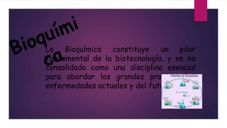 La Bioquímica constituye un pilar
fundamental de la biotecnología, y se ha
consolidado como una disciplina esencial
para abordar los grandes problemas y
enfermedades actuales y del futuro.

 