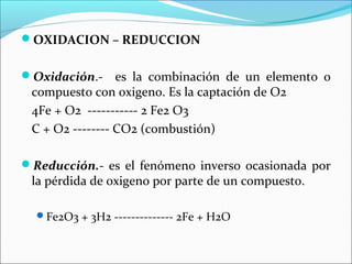 OXIDACION – REDUCCION


Oxidación.-     es la combinación de un elemento o
 compuesto con oxigeno. Es la captación de O2
 4Fe + O2 ----------- 2 Fe2 O3
 C + O2 -------- CO2 (combustión)

Reducción.- es el fenómeno inverso ocasionada por
 la pérdida de oxigeno por parte de un compuesto.

  Fe2O3 + 3H2 -------------- 2Fe + H2O
 