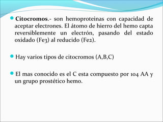 Citocromos.- son hemoproteinas con capacidad de
 aceptar electrones. El átomo de hierro del hemo capta
 reversiblemente un electrón, pasando del estado
 oxidado (Fe3) al reducido (Fe2).

Hay varios tipos de citocromos (A,B,C)


El mas conocido es el C esta compuesto por 104 AA y
 un grupo prostético hemo.
 