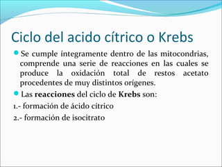 Ciclo del acido cítrico o Krebs
Se cumple íntegramente dentro de las mitocondrias,
   comprende una serie de reacciones en las cuales se
   produce la oxidación total de restos acetato
   procedentes de muy distintos orígenes.
Las reacciones del ciclo de Krebs son:
1.- formación de ácido cítrico
2.- formación de isocitrato
 