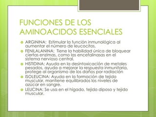 FUNCIONES DE LOS
AMINOACIDOS ESENCIALES
   ARGININA: Estimular la función inmunológica al
    aumentar el número de leucocitos.
   FENILALANINA: Tiene la habilidad única de bloquear
    ciertas enzimas, como las encefalinasas en el
    sistema nervioso central.
   HISTIDINA: Ayuda en la desintoxicación de metales
    pesados, ayuda a mejorar la respuesta inmunitaria,
    protege al organismo de los daños por radiación
   ISOLEUCINA: Ayuda en la formación de tejido
    muscular, mantiene equilibrados los niveles de
    azúcar en sangre.
   LEUCINA: Se usa en el hígado, tejido diposo y tejido
    muscular.
 
