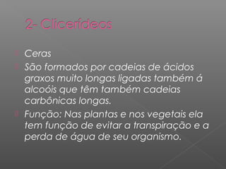  Ceras
 São formados por cadeias de ácidos
graxos muito longas ligadas também á
alcoóis que têm também cadeias
carbônicas longas.
 Função: Nas plantas e nos vegetais ela
tem função de evitar a transpiração e a
perda de água de seu organismo.
 