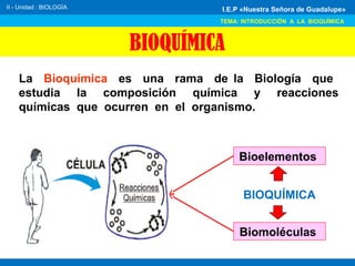 II - Unidad : BIOLOGÍA
TEMA: INTRODUCCIÓN A LA BIOQUÍMICA
I.E.P «Nuestra Señora de Guadalupe»
La Bioquímica es una rama de la Biología que
estudia la composición química y reacciones
químicas que ocurren en el organismo.
BIOQUÍMICA
BIOQUÍMICA
Bioelementos
Biomoléculas
 