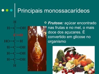 Principais monossacarídeos
H
H C



OH

C O
HO

C

H

H

C

OH

H

C

OH

H

C

OH

H

Frutose: açúcar encontrado
nas frutas e no mel, o mais
doce dos açucares. É
convertido em glicose no
organismo

 