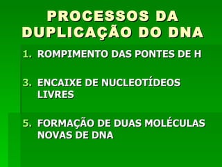 PROCESSOS DA
DUPLICAÇÃO DO DNA
1. ROMPIMENTO DAS PONTES DE H

3. ENCAIXE DE NUCLEOTÍDEOS
   LIVRES

5. FORMAÇÃO DE DUAS MOLÉCULAS
   NOVAS DE DNA
 