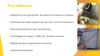 Procedimento


Obtenção de uma gota grande de sangue de um dedo de 3 pessoas;



Enchimento dos tubos capilares até cerca de 3 cm de comprimento;



Obstrução da ponta do tubo com plasticina;



Centrifugação do sangue, a 3000 rpm, durante 5 minutos;



Medição da altura ocupada pelos eritrócitos;



Cálculo do Hematócrito.

 