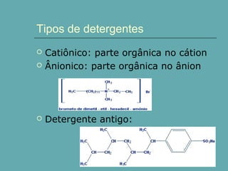 Tipos de detergentes


Catiônico: parte orgânica no cátion
Ânionico: parte orgânica no ânion



Detergente antigo:



 
