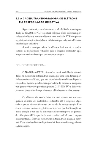 100 DÉBORA DALPAI / ALETHÉA GATTO BARSCHAK
5.3 A CADEIA TRANSPORTADORA DE ELÉTRONS
E A FOSFORILAÇÃO OXIDATIVA
Agora que você já estudou como o ciclo de Krebs atua na pro-
dução de NADH e FADH2 poderá entender como esses transpor-
tadores de elétrons usam os elétrons para produzir ATP nos passos
seguintes da respiração celular: a cadeia transportadora de elétrons e
a fosforilação oxidativa.
A cadeia transportadora de elétrons basicamente transfere
elétrons de nucleotídios reduzidos para o oxigênio molecular, após
um percurso de várias etapas que veremos a seguir.
COMO TUDO COMEÇA...
O NADH e o FADH2 formados no ciclo de Krebs são oxi-
dados na membrana mitocondrial interna por uma série de transpor-
tadores redox catalíticos, que são proteínas de membrana dispostas
em cadeia. Assim, a cadeia transportadora de elétrons é composta
por quatro complexos proteicos grandes (I, II, III e IV) e dois com-
ponentes pequenos e independentes, a ubiquinona e o citocromo c.
					
Os elétrons são conduzidos por esse sistema em uma se-
quência definida de nucleotídios reduzidos até o oxigênio. Após
cada etapa, os elétrons ficam em um estado de menor energia. Esse
é um processo muito exergônico, ou seja, em que há liberação de
muita energia e por isso há simultaneamente transporte de prótons
de hidrogênio (H+
) a partir da matriz mitocondrial para o espaço
intermembranas (entre as membranas mitocondriais interna e exter-
na). Com a redistribuição de prótons há formação de um gradiente
eletroquímico.
 