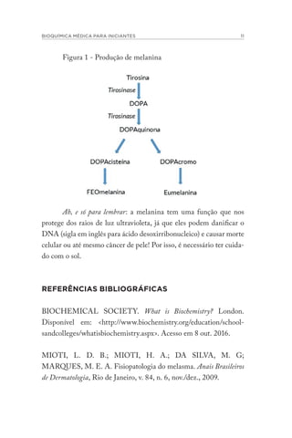 BIOQUÍMICA MÉDICA PARA INICIANTES 11
Figura 1 - Produção de melanina
Ah, e só para lembrar: a melanina tem uma função que nos
protege dos raios de luz ultravioleta, já que eles podem danificar o
DNA (sigla em inglês para ácido desoxirribonucleico) e causar morte
celular ou até mesmo câncer de pele! Por isso, é necessário ter cuida-
do com o sol.
REFERÊNCIAS BIBLIOGRÁFICAS
BIOCHEMICAL SOCIETY. What is Biochemistry? London.
Disponível em: <http://www.biochemistry.org/education/school-
sandcolleges/whatisbiochemistry.aspx>. Acesso em 8 out. 2016.
MIOTI, L. D. B.; MIOTI, H. A.; DA SILVA, M. G;
MARQUES, M. E. A. Fisiopatologia do melasma. Anais Brasileiros
de Dermatologia, Rio de Janeiro, v. 84, n. 6, nov./dez., 2009.
 