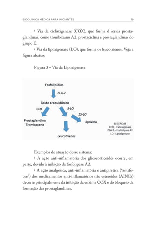 BIOQUÍMICA MÉDICA PARA INICIANTES 19
• Via da cicloxigenase (COX), que forma diversas prosta-
glandinas, como tromboxano A2, prostaciclina e prostaglandinas do
grupo E.
• Via da lipoxigenase (LO), que forma os leucotrienos. Veja a
figura abaixo:
Figura 3 – Via da Lipoxigenase
Exemplos de atuação desse sistema:
• A ação anti-inflamatória dos glicocorticoides ocorre, em
parte, devido à inibição da fosfolipase A2.
• A ação analgésica, anti-inflamatória e antipirética (“antife-
bre”) dos medicamentos anti-inflamatórios não esteroides (AINEs)
decorre principalmente da inibição da enzima COX e do bloqueio da
formação das prostaglandinas.
 