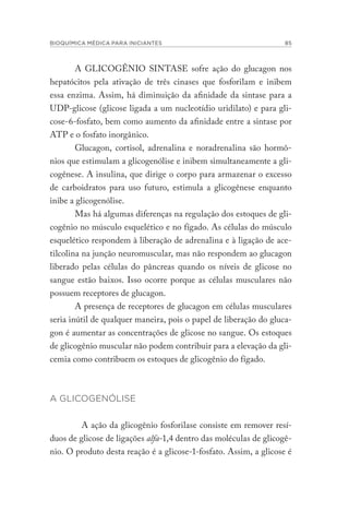 BIOQUÍMICA MÉDICA PARA INICIANTES 85
A GLICOGÊNIO SINTASE sofre ação do glucagon nos
hepatócitos pela ativação de três cinases que fosforilam e inibem
essa enzima. Assim, há diminuição da afinidade da sintase para a
UDP-glicose (glicose ligada a um nucleotídio uridilato) e para gli-
cose-6-fosfato, bem como aumento da afinidade entre a sintase por
ATP e o fosfato inorgânico.
Glucagon, cortisol, adrenalina e noradrenalina são hormô-
nios que estimulam a glicogenólise e inibem simultaneamente a gli-
cogênese. A insulina, que dirige o corpo para armazenar o excesso
de carboidratos para uso futuro, estimula a glicogênese enquanto
inibe a glicogenólise.
Mas há algumas diferenças na regulação dos estoques de gli-
cogênio no músculo esquelético e no fígado. As células do músculo
esquelético respondem à liberação de adrenalina e à ligação de ace-
tilcolina na junção neuromuscular, mas não respondem ao glucagon
liberado pelas células do pâncreas quando os níveis de glicose no
sangue estão baixos. Isso ocorre porque as células musculares não
possuem receptores de glucagon.
A presença de receptores de glucagon em células musculares
seria inútil de qualquer maneira, pois o papel de liberação do gluca-
gon é aumentar as concentrações de glicose no sangue. Os estoques
de glicogênio muscular não podem contribuir para a elevação da gli-
cemia como contribuem os estoques de glicogênio do fígado.
A GLICOGENÓLISE
A ação da glicogênio fosforilase consiste em remover resí-
duos de glicose de ligações alfa-1,4 dentro das moléculas de glicogê-
nio. O produto desta reação é a glicose-1-fosfato. Assim, a glicose é
 