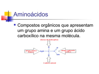 Aminoácidos


Compostos orgânicos que apresentam
um grupo amina e um grupo ácido
carboxílico na mesma molécula.

 