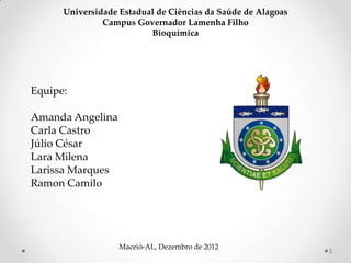 Universidade Estadual de Ciências da Saúde de Alagoas
               Campus Governador Lamenha Filho
                          Bioquímica




Equipe:

Amanda Angelina
Carla Castro
Júlio César
Lara Milena
Larissa Marques
Ramon Camilo




                   Maceió-AL, Dezembro de 2012
                                                              2
 