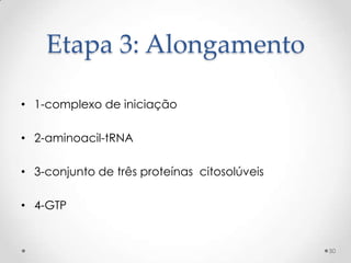 Etapa 3: Alongamento

• 1-complexo de iniciação

• 2-aminoacil-tRNA

• 3-conjunto de três proteínas citosolúveis

• 4-GTP


                                              50
 