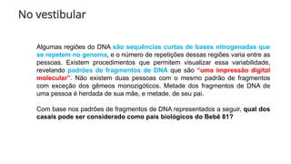 No vestibular
Algumas regiões do DNA são sequências curtas de bases nitrogenadas que
se repetem no genoma, e o número de repetições dessas regiões varia entre as
pessoas. Existem procedimentos que permitem visualizar essa variabilidade,
revelando padrões de fragmentos de DNA que são “uma impressão digital
molecular”. Não existem duas pessoas com o mesmo padrão de fragmentos
com exceção dos gêmeos monozigóticos. Metade dos fragmentos de DNA de
uma pessoa é herdada de sua mãe, e metade, de seu pai.
Com base nos padrões de fragmentos de DNA representados a seguir, qual dos
casais pode ser considerado como pais biológicos do Bebê 81?
 