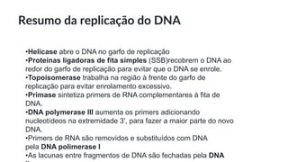 Resumo da replicação do DNA
•Helicase abre o DNA no garfo de replicação
•Proteínas ligadoras de fita simples (SSB)recobrem o DNA ao
redor do garfo de replicação para evitar que o DNA se enrole.
•Topoisomerase trabalha na região à frente do garfo de
replicação para evitar enrolamento excessivo.
•Primase sintetiza primers de RNA complementares à fita de
DNA.
•DNA polymerase III aumenta os primers adicionando
nucleotídeos na extremidade 3', para fazer a maior parte do novo
DNA.
•Primers de RNA são removidos e substituídos com DNA
pela DNA polimerase I
•As lacunas entre fragmentos de DNA são fechadas pela DNA
 