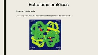 Estrutura quaternária
Associação de dois ou mais polipeptídeos (cadeias de aminoácidos).
Estruturas protéicas
 