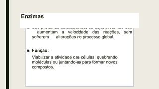 ■ São proteínas catalisadoras, ou seja, proteínas que
aumentam a velocidade das reações, sem
sofrerem alterações no processo global.
■ Função:
Viabilizar a atividade das células, quebrando
moléculas ou juntando-as para formar novos
compostos.
Enzimas
 