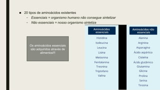 ■ 20 tipos de aminoácidos existentes
– Essenciais = organismo humano não consegue sintetizar
– Não essenciais = nosso organismo sintetiza
Os aminoácidos essenciais
são adquiridos através de
alimentos!!!
 