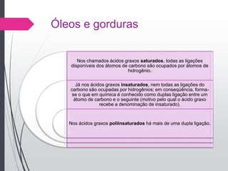 Óleos e gorduras
Nos chamados ácidos graxos saturados, todas as ligações
disponíveis dos átomos de carbono são ocupados por átomos de
hidrogênio.
Já nos ácidos graxos insaturados, nem todas as ligações do
carbono são ocupadas por hidrogênios; em conseqüência, forma-
se o que em química é conhecido como duplas ligação entre um
átomo de carbono e o seguinte (motivo pelo qual o ácido graxo
recebe a denominação de insaturado).
Nos ácidos graxos poliinsaturados há mais de uma dupla ligação.
 