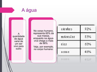 A água
A
quantidade
de água
varia de
um ser
vivo para
outro
No corpo humano,
representa 65% da
sua massa,
enquanto na água-
viva chega a mais
de 98%
Veja, por exemplo,
no corpo humano:
 