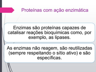 Proteínas com ação enzimática
Enzimas são proteínas capazes de
catalisar reações bioquímicas como, por
exemplo, as lipases.
As enzimas não reagem, são reutilizadas
(sempre respeitando o sítio ativo) e são
específicas.
 