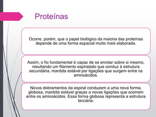 Proteínas
Ocorre, porém, que o papel biológico da maioria das proteínas
depende de uma forma espacial muito mais elaborada.
Assim, o fio fundamental é capaz de se enrolar sobre si mesmo,
resultando um filamento espiralado que conduz à estrutura
secundária, mantida estável por ligações que surgem entre os
aminoácidos.
Novos dobramentos da espiral conduzem a uma nova forma,
globosa, mantida estável graças a novas ligações que ocorrem
entre os aminoácidos. Essa forma globosa representa a estrutura
terciária.
 