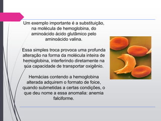 Um exemplo importante é a substituição,
na molécula de hemoglobina, do
aminoácido ácido glutâmico pelo
aminoácido valina.
Essa simples troca provoca uma profunda
alteração na forma da molécula inteira de
hemoglobina, interferindo diretamente na
sua capacidade de transportar oxigênio.
Hemácias contendo a hemoglobina
alterada adquirem o formato de foice,
quando submetidas a certas condições, o
que deu nome a essa anomalia: anemia
falciforme.
 