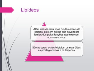 Lipídeos
Além desses dois tipos fundamentais de
lipídios, existem outros que devem ser
lembrados pelas funções que exercem
nos seres vivos.
São as ceras, os fosfolipídios, os esteróides,
as prostaglandinas e os terpenos.
 