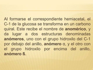 Al formarse el correspondiente hemiacetal, el
C-1 de la glucosa se transforma en un carbono
quiral. Este recibe el nombre de anomérico, y
da lugar a dos estructuras denominadas
anómeros, uno con el grupo hidroxilo del C-1
por debajo del anillo, anómero α, y el otro con
el grupo hidroxilo por encima del anillo,
anómero ß.
 