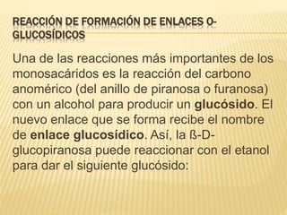 REACCIÓN DE FORMACIÓN DE ENLACES O-
GLUCOSÍDICOS
Una de las reacciones más importantes de los
monosacáridos es la reacción del carbono
anomérico (del anillo de piranosa o furanosa)
con un alcohol para producir un glucósido. El
nuevo enlace que se forma recibe el nombre
de enlace glucosídico. Así, la ß-D-
glucopiranosa puede reaccionar con el etanol
para dar el siguiente glucósido:
 