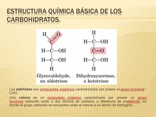 ESTRUCTURA QUÍMICA BÁSICA DE LOS
CARBOHIDRATOS.
Los aldehídos son compuestos orgánicos caracterizados por poseer el grupo funcional -
CHO.
Una cetona es un compuesto orgánico caracterizado por poseer un grupo
funcional carbonilo unido a dos átomos de carbono, a diferencia de unaldehído, en
donde el grupo carbonilo se encuentra unido al menos a un átomo de hidrógeno.
 
